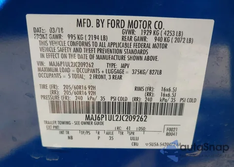2018 Ford Ecosport Se z USA, uszkodzony, nr VIN MAJ6P1UL2JC209262